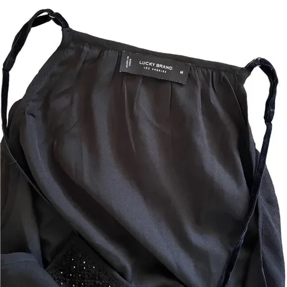 Lucky brand black silver flowy sheer smocked camisole w/gold trim hem sz M - Picture 9 of 16